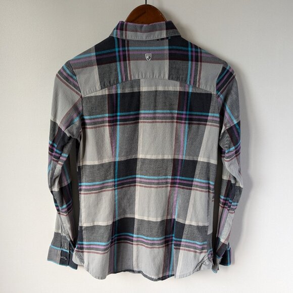 Kuhl cotton blend flannel in gray plaid with blue and purple stripes, size XS - Picture 2 of 10